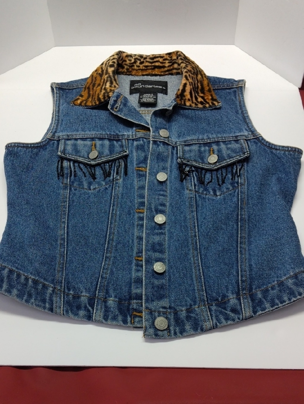 No Boundaries Blue Denim Vest with Leopard Faux-Fur Collar